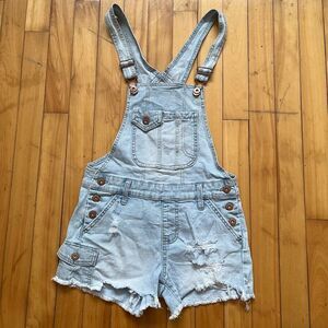 No Boundaries Light Wash Denim Distressed Overall Shorts Womens XS